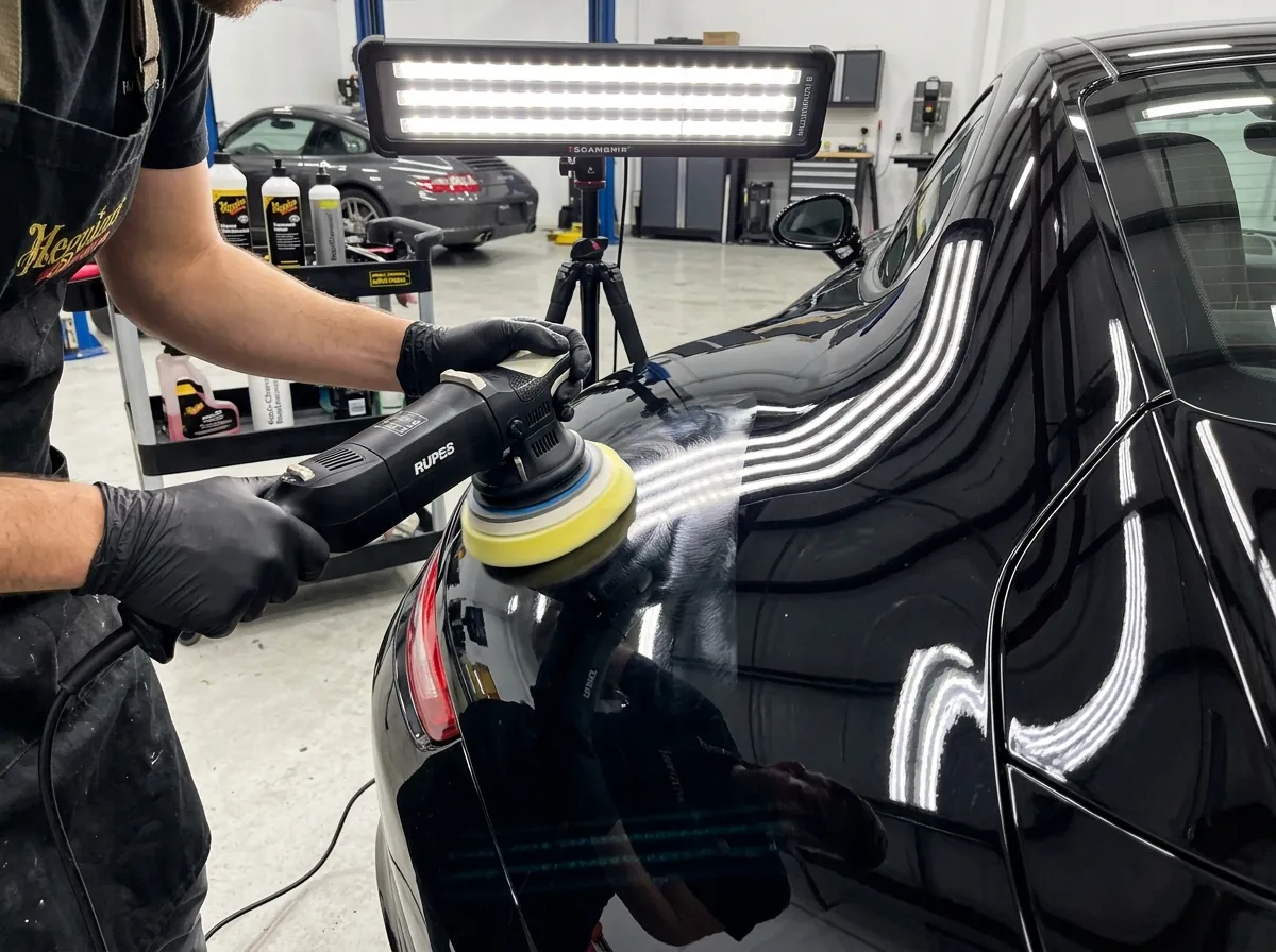 Machine polishing black car paint in Canberra